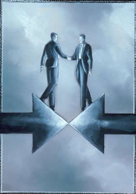 Two businessmen shaking hands on an arrow.