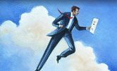 A painting of a businessman flying through the clouds.
