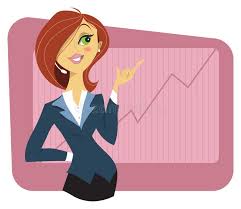 A cartoon business woman pointing at a graph.