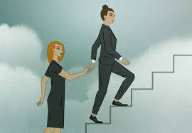 Two animated characters ascending stairs, with the woman in front leading the man by the hand.